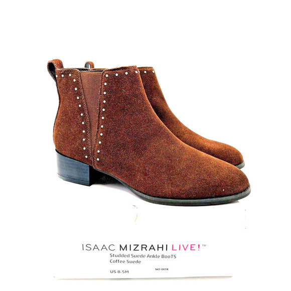 Isaac Mizrahi Studded Suede Ankle Booties- Coffee, US 8.5M *missing stud* - Picture 1 of 11